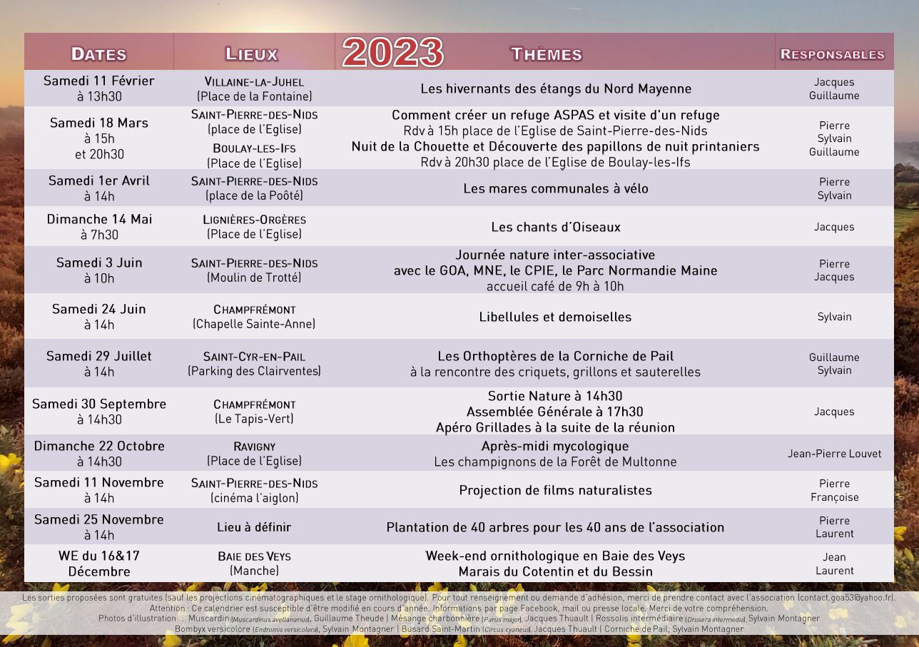 Calendrier 2023 - Sorties